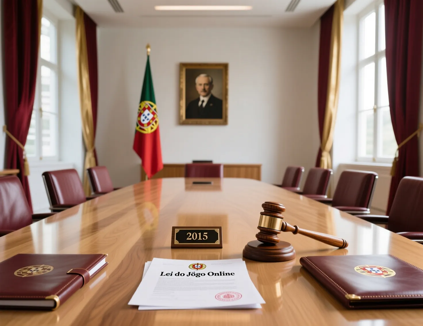Sala de reuniões governamental com documentos oficiais e símbolos da regulamentação de 2015