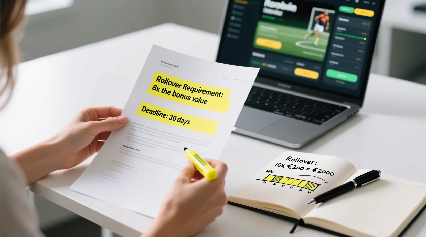 Maos a segurar documento com termos e condicoes destacados e bloco de notas com progresso de rollover