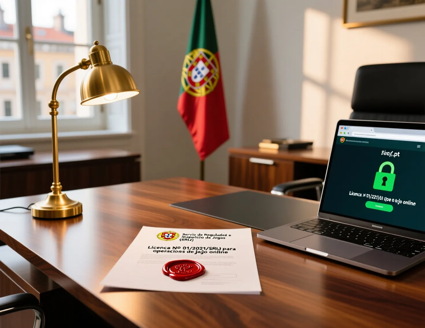 Documento oficial de licenciamento SRIJ para casas de apostas legais em Portugal com selo de segurança