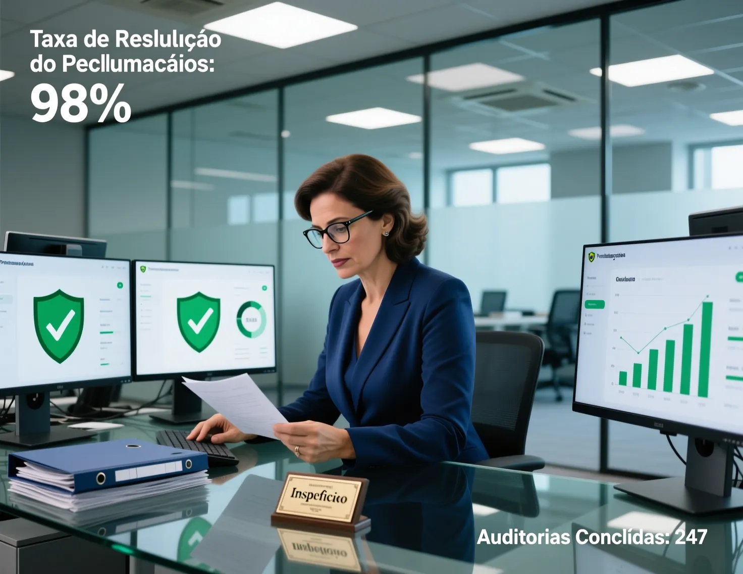 Inspetora reguladora portuguesa a analisar dados de conformidade em monitores
