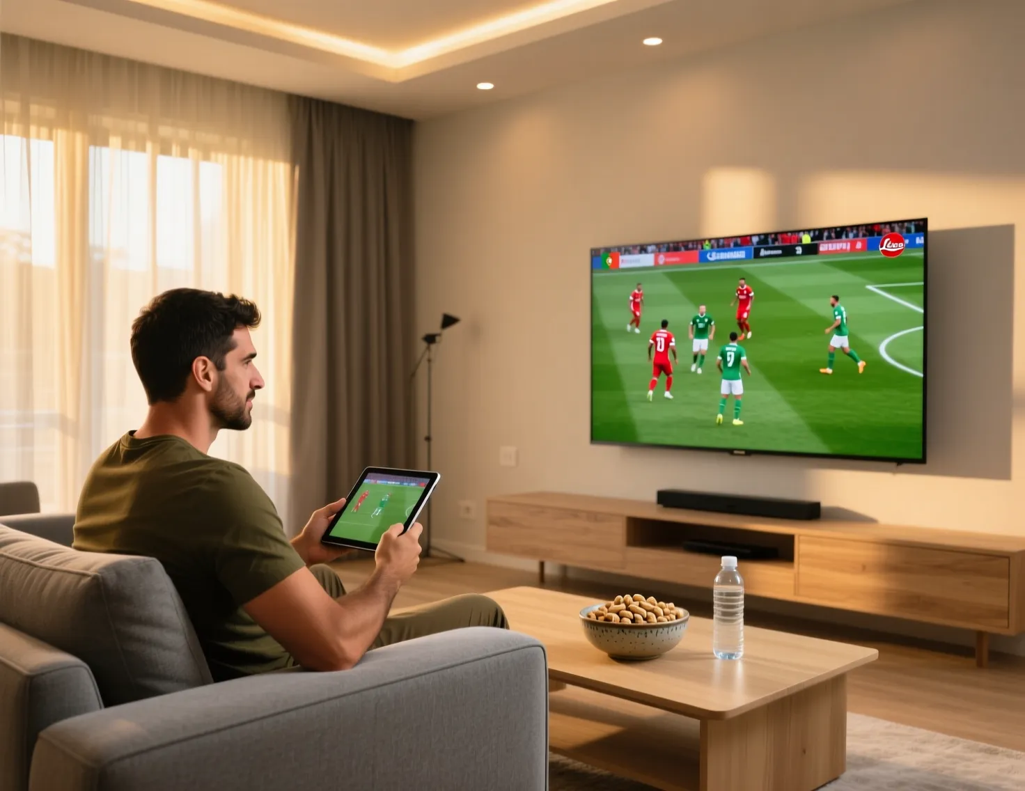 Homem português a assistir jogo de futebol na televisão enquanto usa tablet