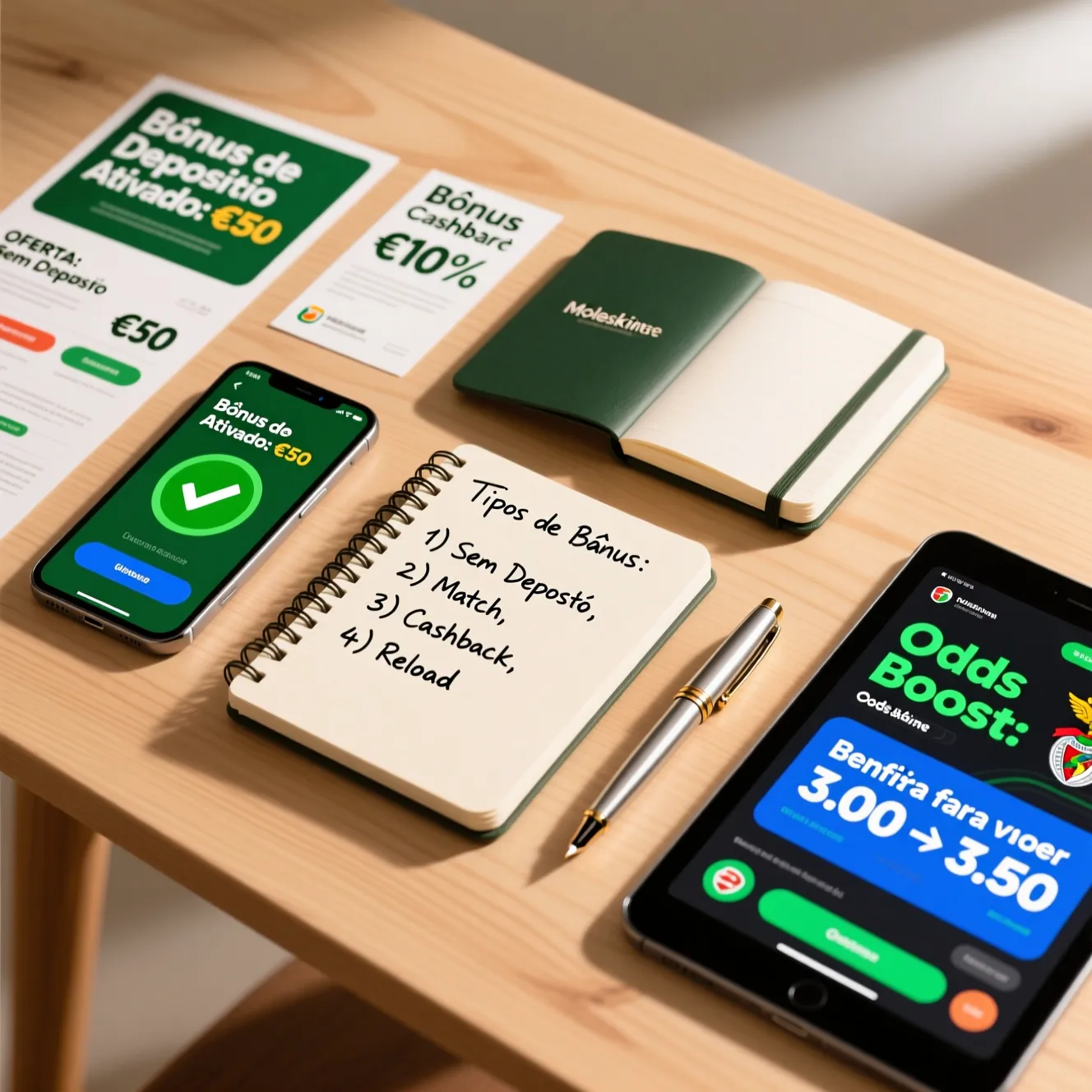 Mesa organizada com diferentes materiais promocionais de apostas desportivas mostrando variedade de ofertas
