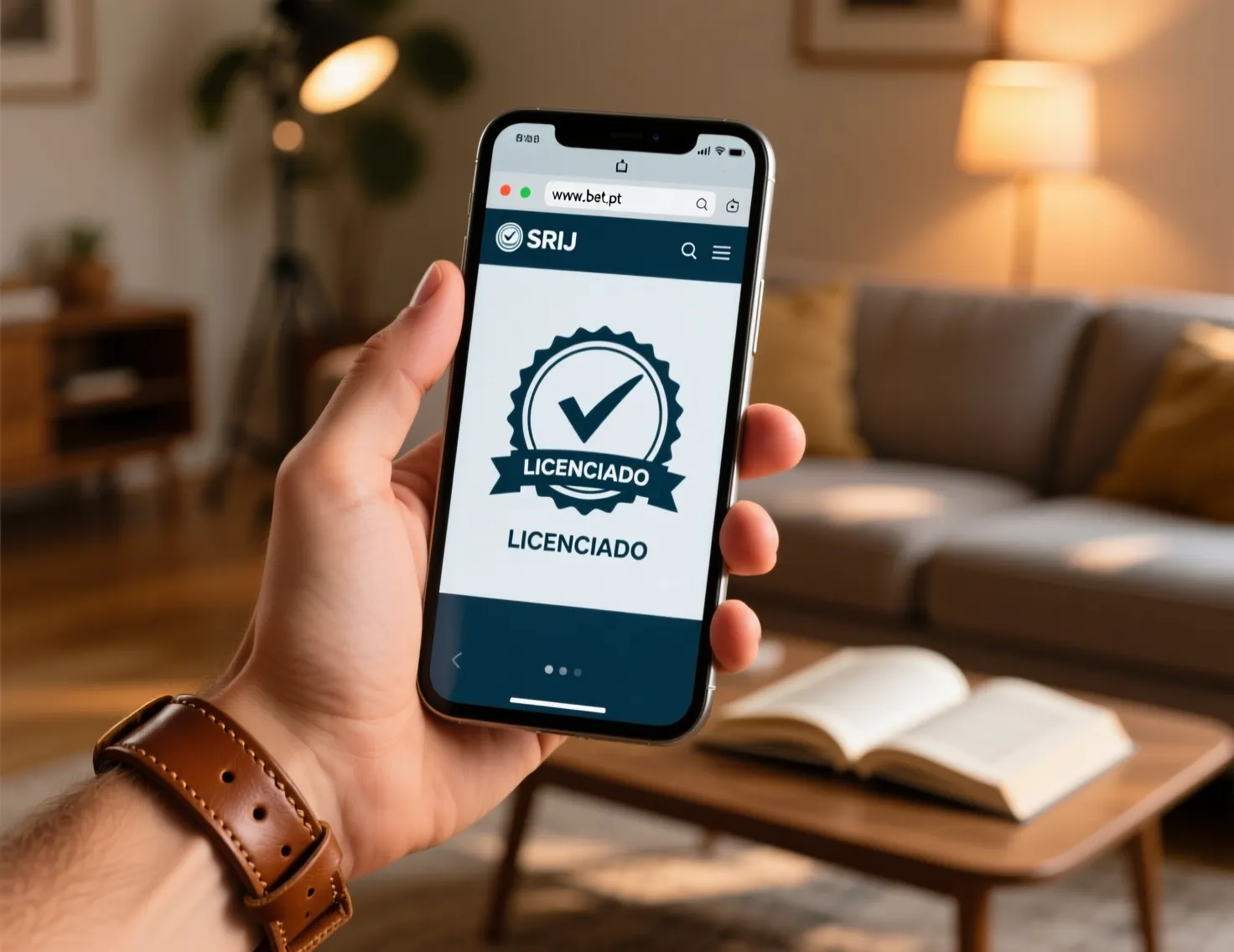 Mãos a verificar selo de certificação oficial num smartphone com domínio .pt